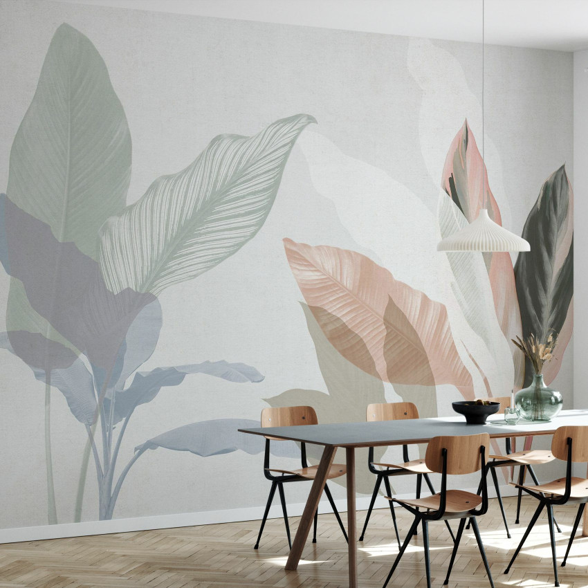 Tapet cu un design floral minimalist, cu frunze delicate si tonuri pastelate, perfect pentru a crea o atmosfera relaxanta in orice camera.