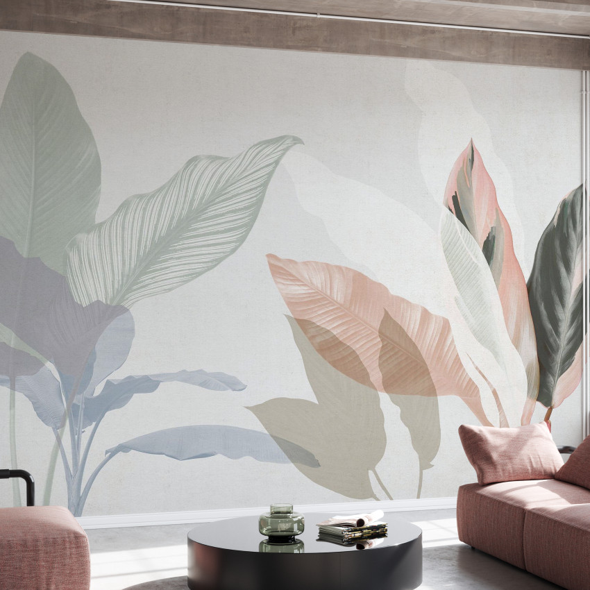 Tapet cu un design floral minimalist, cu frunze delicate si tonuri pastelate, perfect pentru a crea o atmosfera relaxanta in orice camera.