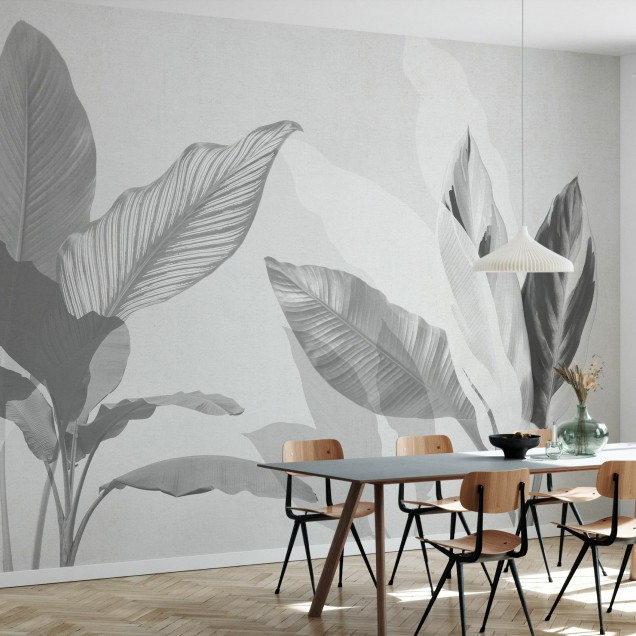 Tapet Wild Bouquet, Bw cu frunze delicate în tonuri de gri