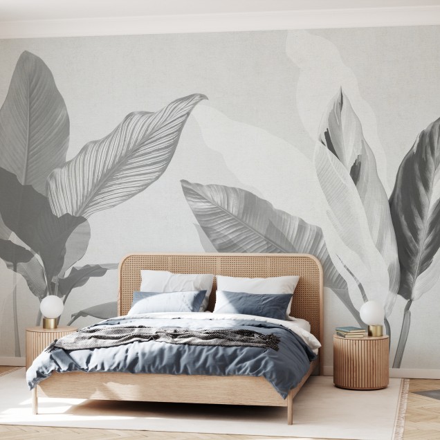 Tapet Wild Bouquet, Bw cu frunze delicate în tonuri de gri