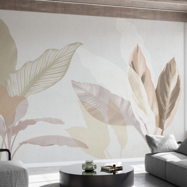 Fototapet cu frunze mari în nuanțe de bej și roz într-un living modern