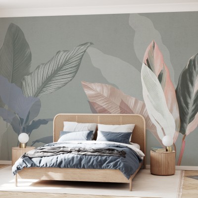 Tapet Wild Bouquet V cu frunze mari, elegante, într-o schemă de culori delicate.