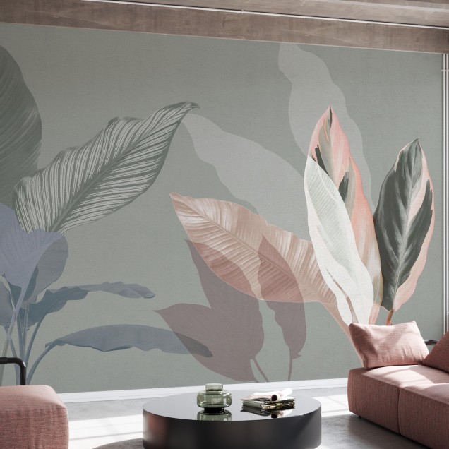 Tapet Wild Bouquet V cu frunze mari, elegante, într-o schemă de culori delicate.