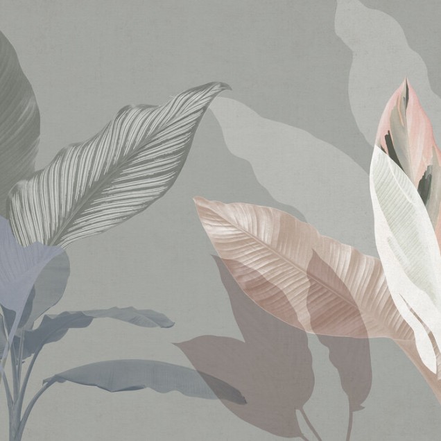 Tapet Wild Bouquet V cu frunze mari, elegante, într-o schemă de culori delicate.