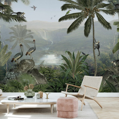 Fototapet cu peisaj tropical, maimuțe și vegetație luxuriantă