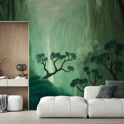 Tapet Lush Tropical cu design tropical luxuriant, verde vibrant, cu palmieri si plante tropicale.