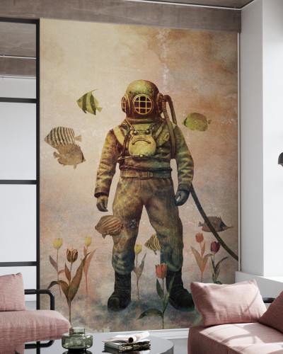 Tapet cu design unic Deep Sea Garden, Sepia, prezintă un scafandru clasic înconjurat de pești și flori într-o nuanță de sepie.