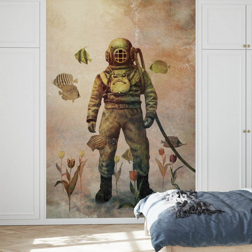 Tapet Deep Sea Garden cu un scafandru în costum tradițional, înconjurat de pești colorați și flori delicate.