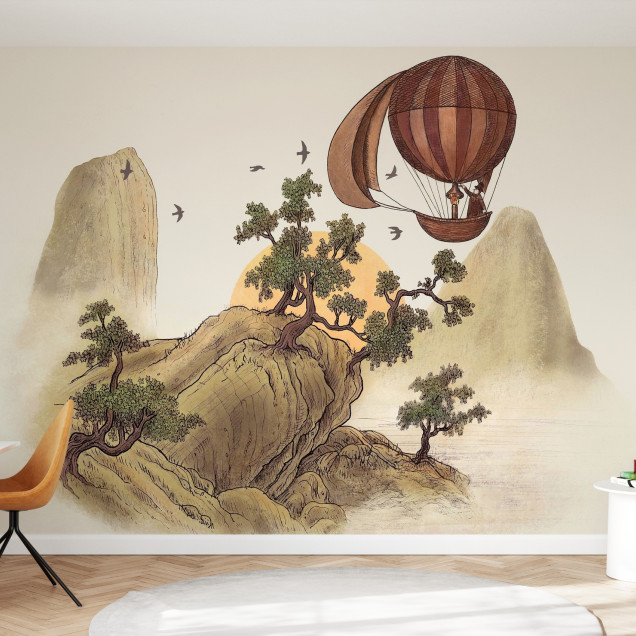 Tapet Journey cu design minimalist, cu imaginea unor munți și copaci