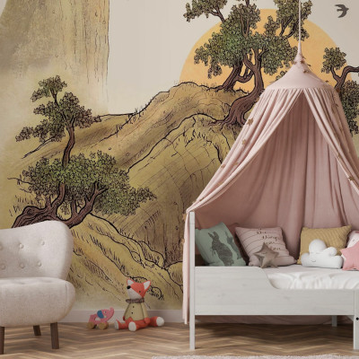 Tapet Journey cu design minimalist, cu imaginea unor munți și copaci