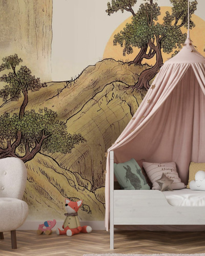 Tapet Journey cu design minimalist, cu imaginea unor munți și copaci