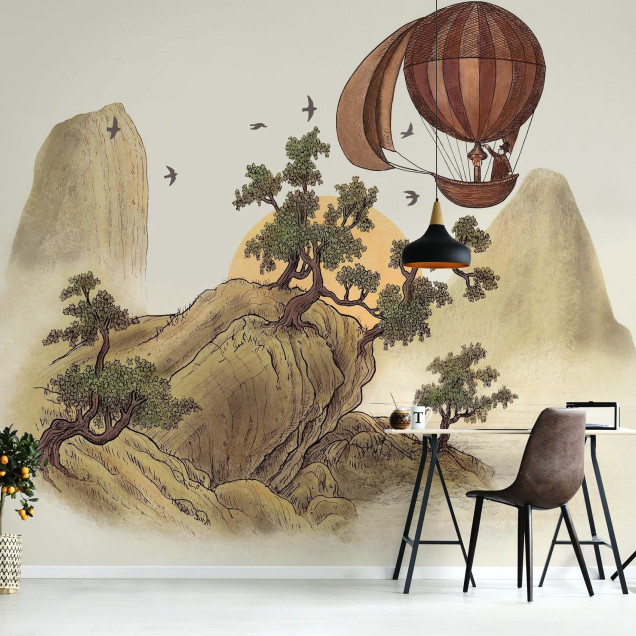 Tapet Journey cu design minimalist, cu imaginea unor munți și copaci