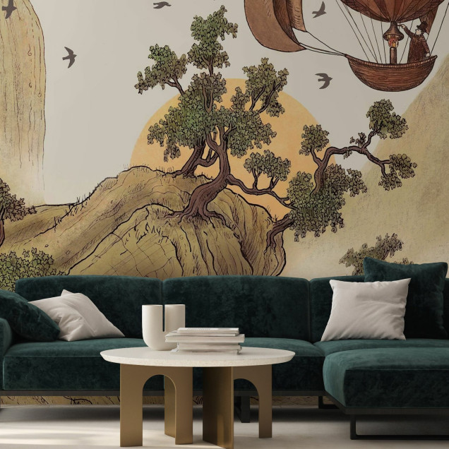 Tapet Journey cu design minimalist, cu imaginea unor munți și copaci