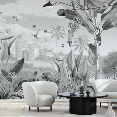 Tapet Botanical Beauty - BW cu design tropical monocrom, cu palmieri, păsări exotice și maimuțe, toate desenate cu detalii fine.