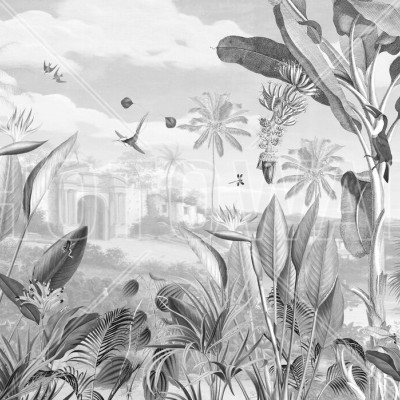 Tapet Botanical Beauty - BW cu design tropical monocrom, cu palmieri, păsări exotice și maimuțe, toate desenate cu detalii fine.