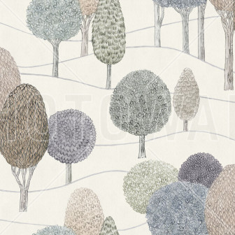 Fototapet bej cu design de copaci stilizați într-o cameră