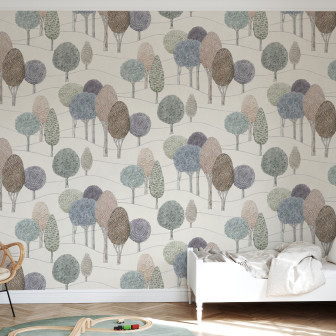 Fototapet bej cu design de copaci stilizați într-o cameră