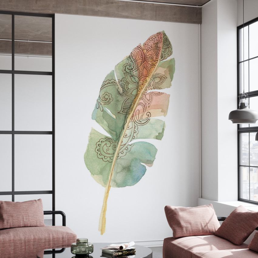 Tapet Boho Tropical Leaf on White II, cu o frunză tropicală în culori pastelate delicate pe un fundal alb