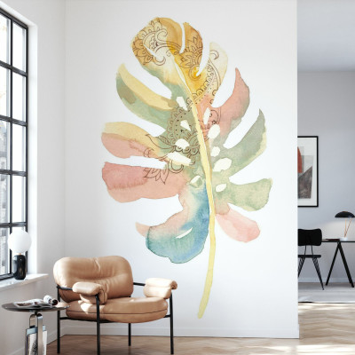 Tapet Boho Tropical Leaf on White II, cu o frunză tropicală în culori pastelate delicate pe un fundal alb