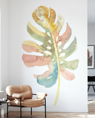 Tapet Boho Tropical Leaf on White II, cu o frunză tropicală în culori pastelate delicate pe un fundal alb