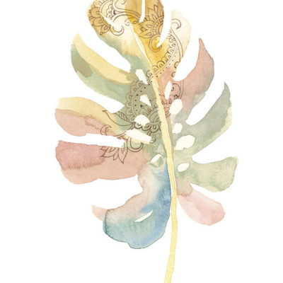 Tapet Boho Tropical Leaf on White II, cu o frunză tropicală în culori pastelate delicate pe un fundal alb