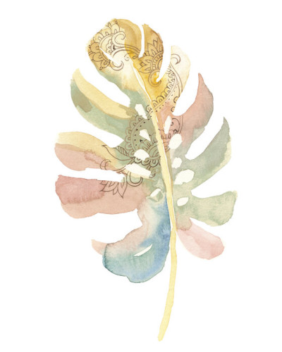 Tapet Boho Tropical Leaf on White II, cu o frunză tropicală în culori pastelate delicate pe un fundal alb