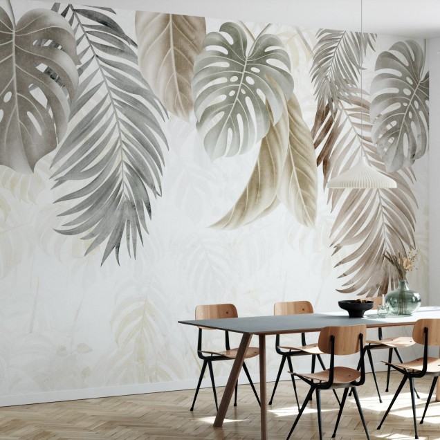 Tapet cu frunze de palmier, design modern, culori neutre