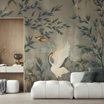 Fototapet cu design elegant, păsări și vegetație