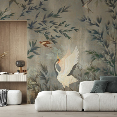 Fototapet cu design elegant, păsări și vegetație
