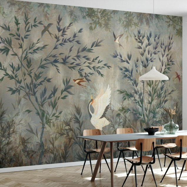 Fototapet cu design elegant, păsări și vegetație