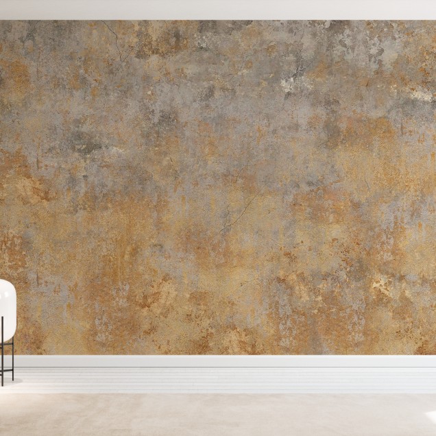 Fototapet cu design modern de beton, cu nuanțe de gri și auriu, aplicat pe un perete într-un interior modern.