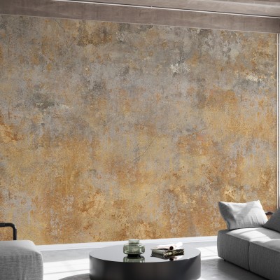 Fototapet cu design modern de beton, cu nuanțe de gri și auriu, aplicat pe un perete într-un interior modern.