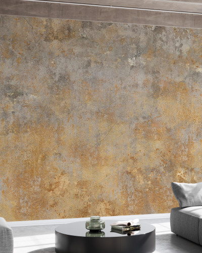 Fototapet cu design modern de beton, cu nuanțe de gri și auriu, aplicat pe un perete într-un interior modern.