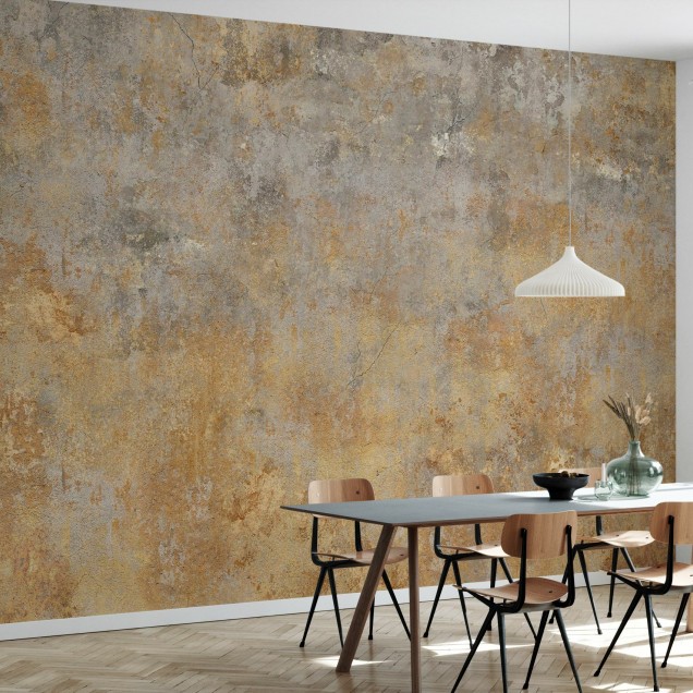 Fototapet cu design modern de beton, cu nuanțe de gri și auriu, aplicat pe un perete într-un interior modern.