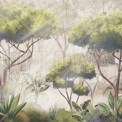 Tapet tropical cu pădure verde și raze de soare