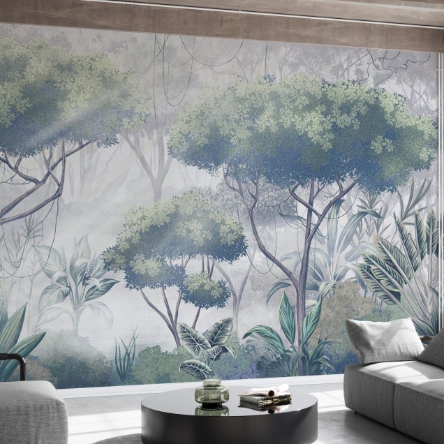 Tapet cu design tropical, Tropical Woodland II, cu frunze și copaci luxuriante în culori pastelate.