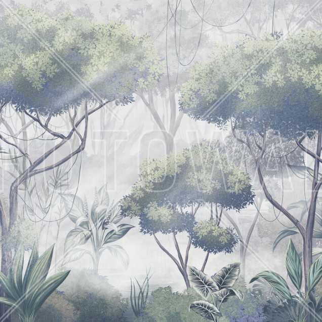 Tapet cu design tropical, Tropical Woodland II, cu frunze și copaci luxuriante în culori pastelate.