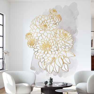 Tapet decorativ cu flori aurii pe un fundal gri-roz, ideal pentru a crea un punct focal într-o cameră