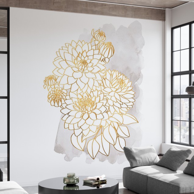 Tapet decorativ cu flori aurii pe un fundal gri-roz, ideal pentru a crea un punct focal într-o cameră