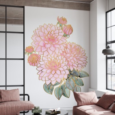Tapet floral decorativ cu flori delicate în nuanțe pastelate și contururi aurii.