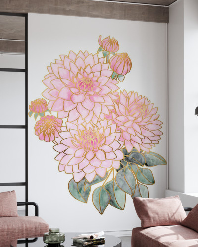 Tapet floral decorativ cu flori delicate în nuanțe pastelate și contururi aurii.