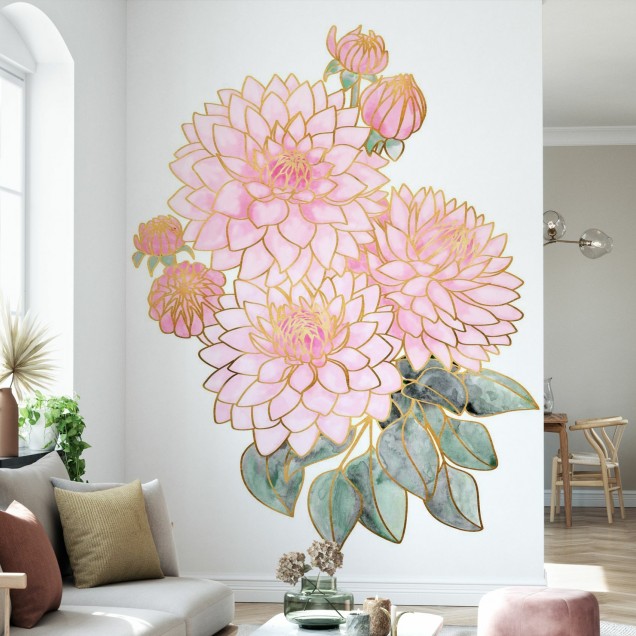 Tapet floral decorativ cu flori delicate în nuanțe pastelate și contururi aurii.