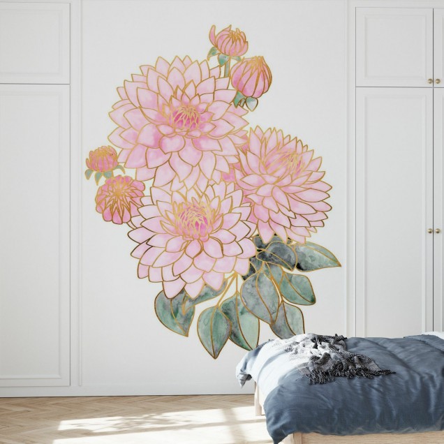 Tapet floral decorativ cu flori delicate în nuanțe pastelate și contururi aurii.