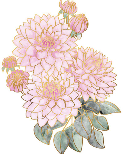 Tapet floral decorativ cu flori delicate în nuanțe pastelate și contururi aurii.