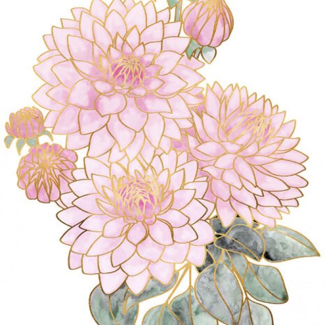 Tapet floral decorativ cu flori delicate în nuanțe pastelate și contururi aurii.