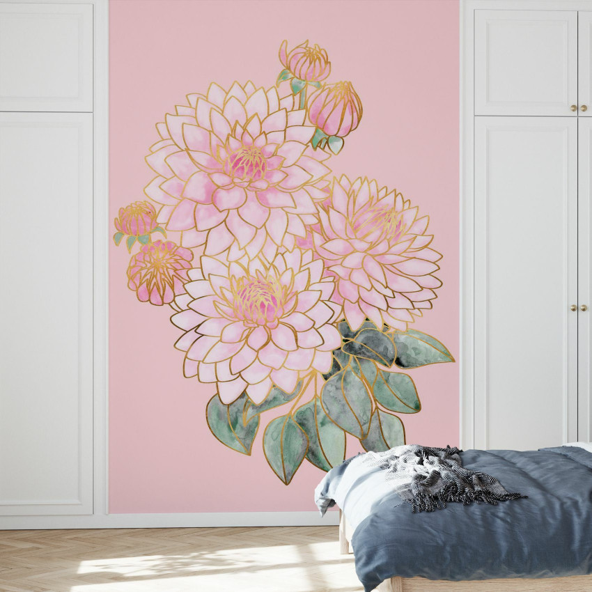 Tapet floral decorativ cu flori delicate în nuanțe pastelate și contururi aurii.