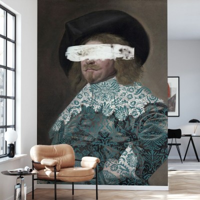 Tapet Masked Master II, cu un portret masculin încadrat, cu o pată albă care îi acoperă ochii, tapet cu design modern și contemporan