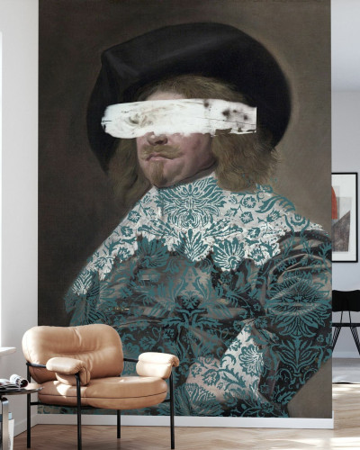 Tapet Masked Master II, cu un portret masculin încadrat, cu o pată albă care îi acoperă ochii, tapet cu design modern și contemporan