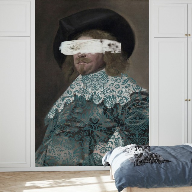 Tapet Masked Master II, cu un portret masculin încadrat, cu o pată albă care îi acoperă ochii, tapet cu design modern și contemporan