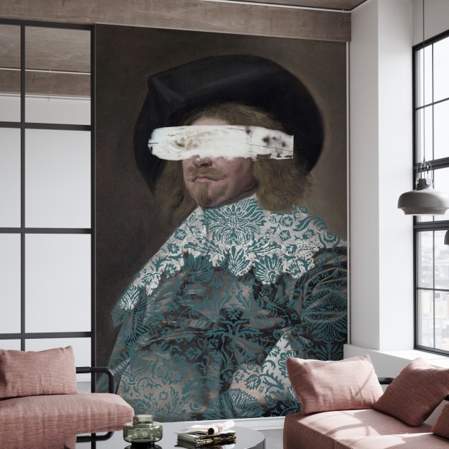 Tapet Masked Master II, cu un portret masculin încadrat, cu o pată albă care îi acoperă ochii, tapet cu design modern și contemporan